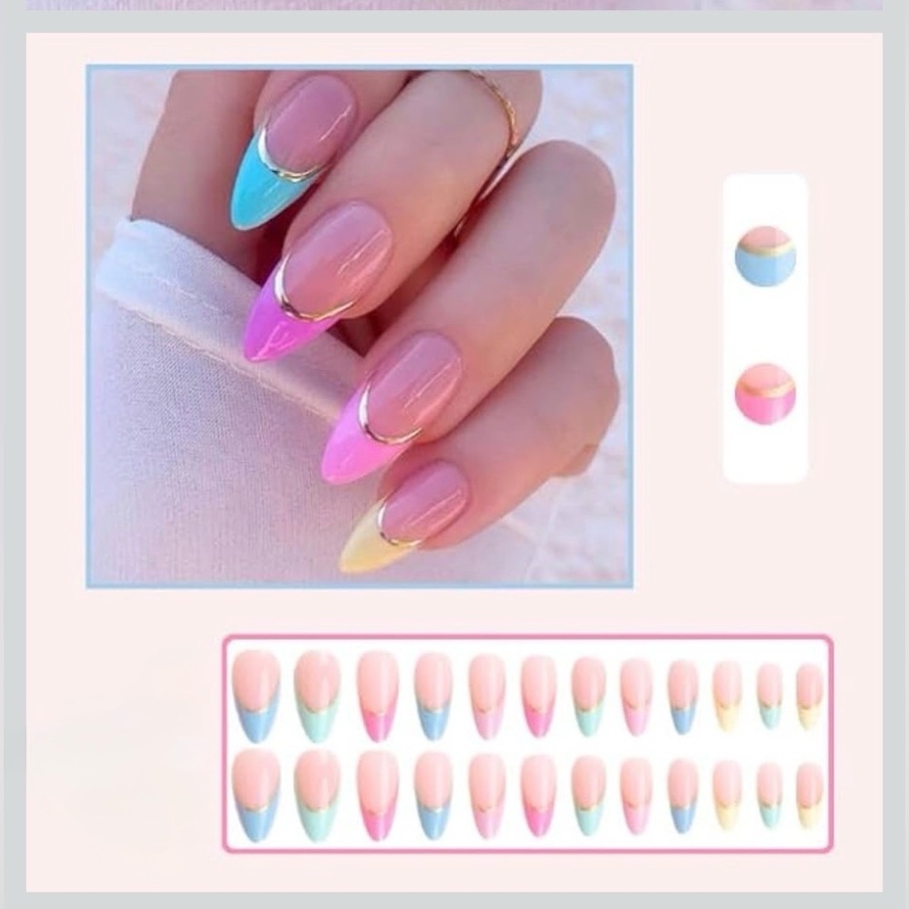 Press-On Nail Kit French Tips In Pink, Yellow, Blue, Orange & Gold NEW